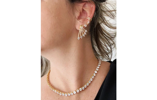 Gargantilha Festa Luxo com Zircônia Redonda Folheada Em Ouro 18K