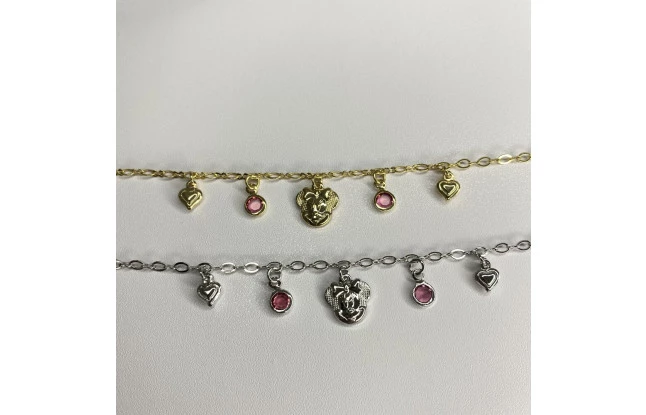 Pulseira Infantil Da Minnie Com Coração E Zircônia Pendurado