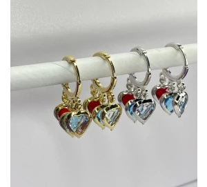 Brinco Argola Fechada 3 Corações Rubi, Aquamarine e Cristal