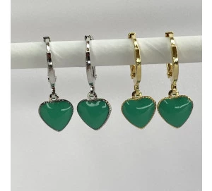 Brinco De Argolinha Com Pingente De Coração Esmaltado Verde