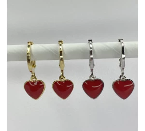  Brinco De Argolinha Com Pingente De Coração Esmaltado Vermelho 